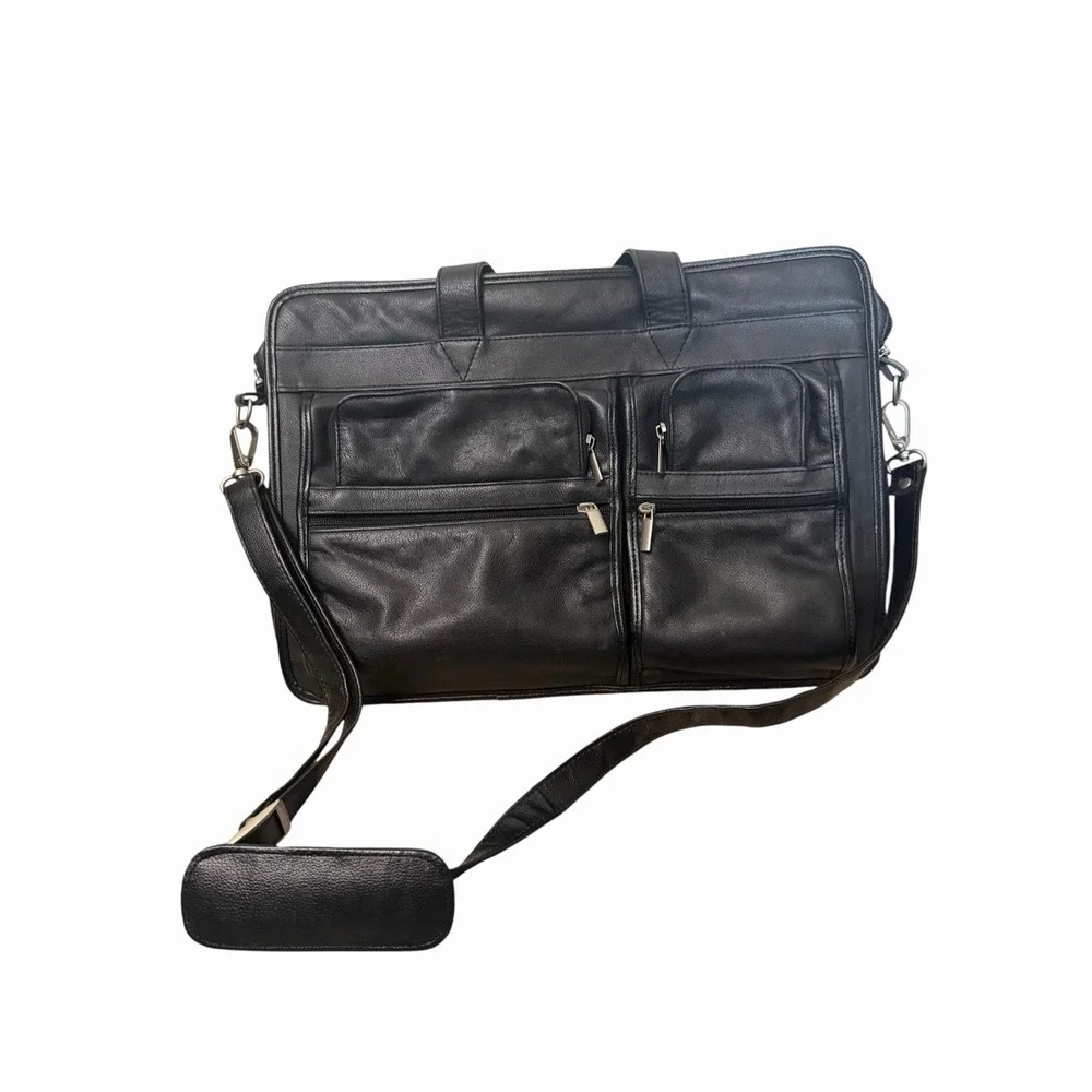 Black Leather Laptop Briefcase Messenger Bag Multi Compartment Shoulder Work Bag